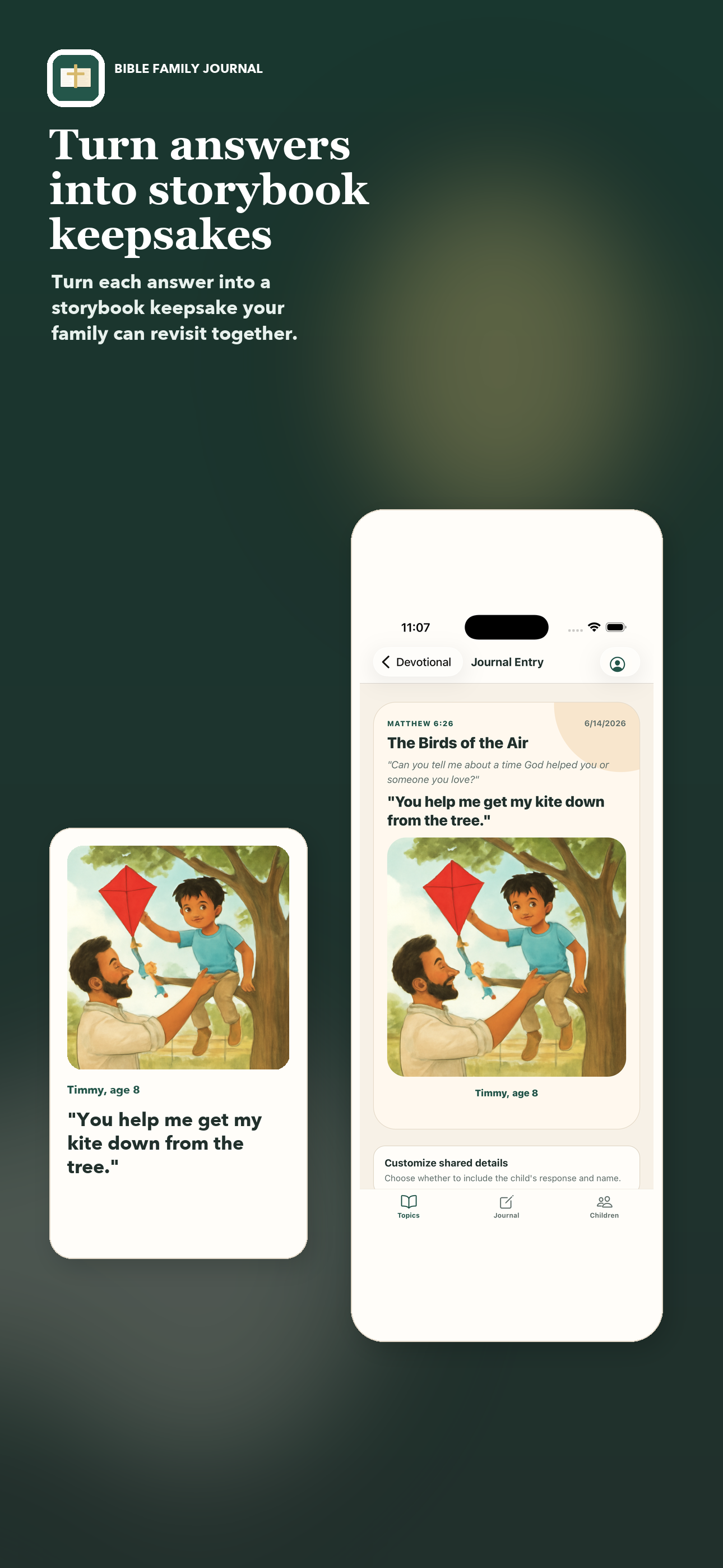 Storybook keepsake screen showing saved responses turned into something families can revisit.